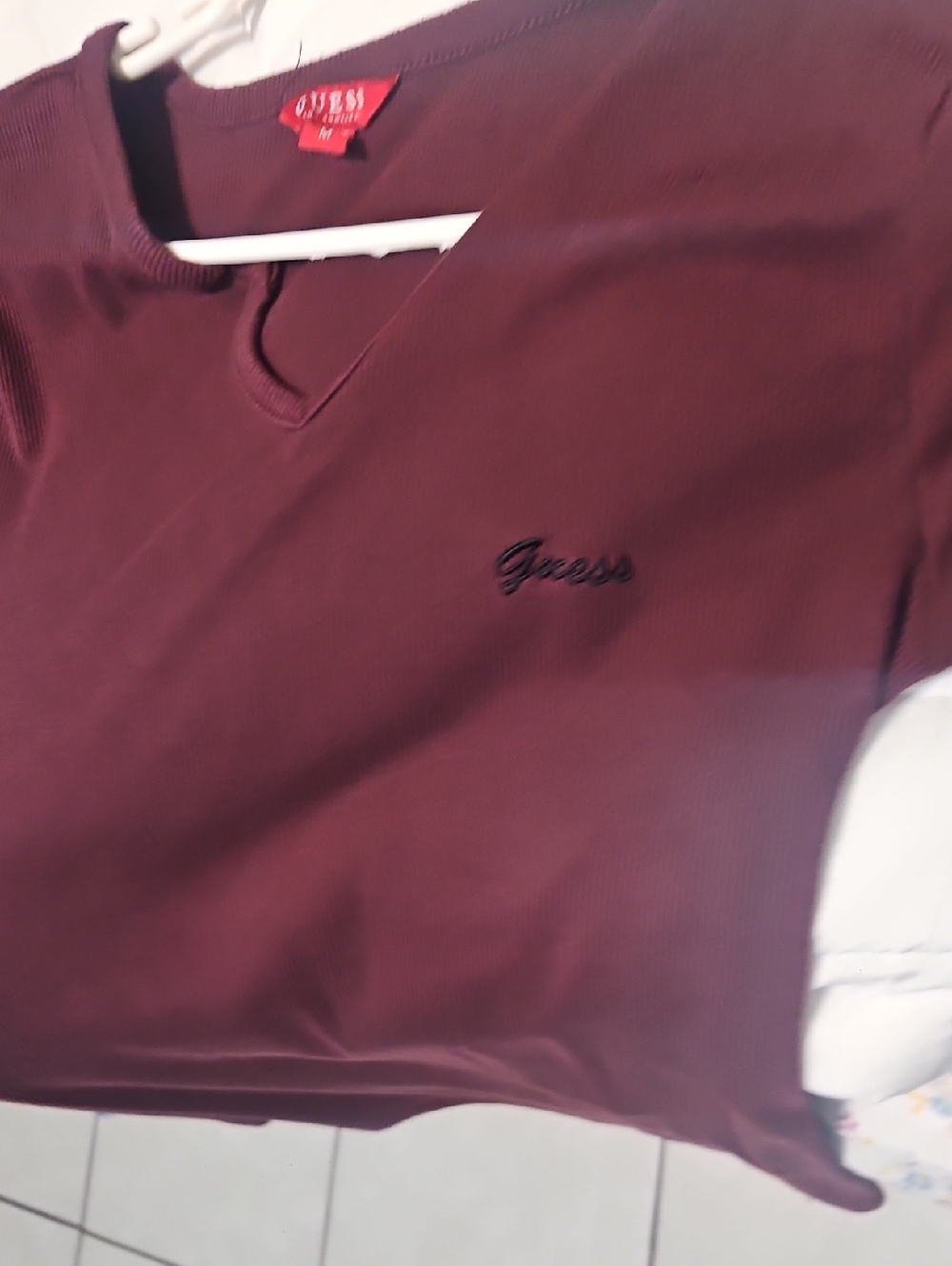 Guess Burgundy V-Neck Short Sleeve Crop Top